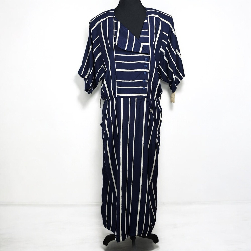 VTG‎ New ED MICHAELS Sailor Dress Women's Size 14 Navy White Stripe Button Front